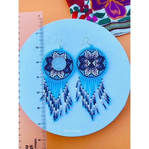 Mexican Earrings, Huichol Earrings, Handmade Earrings, Colorful Huichol Earrings - Picture 5 of 6